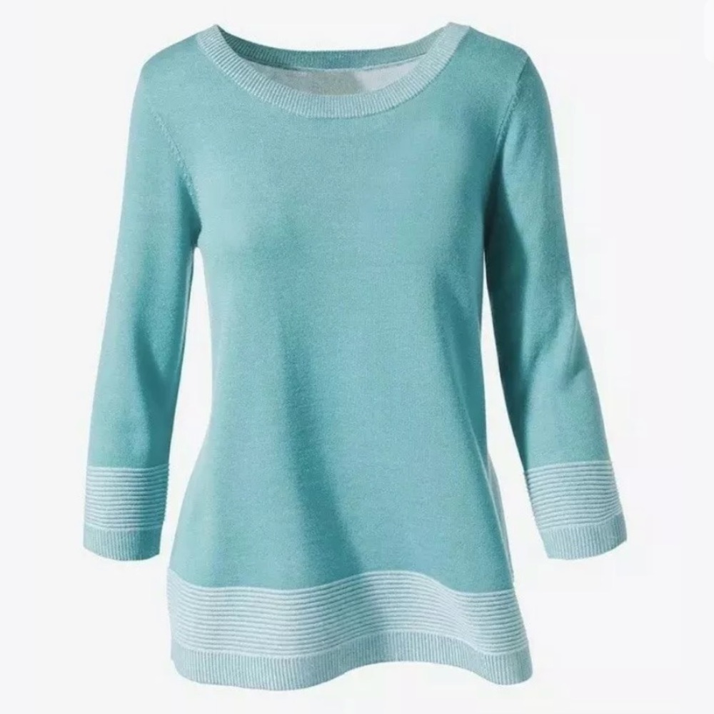 Chicos | Rib Trim Pullover Sweater Blue Crew Neck